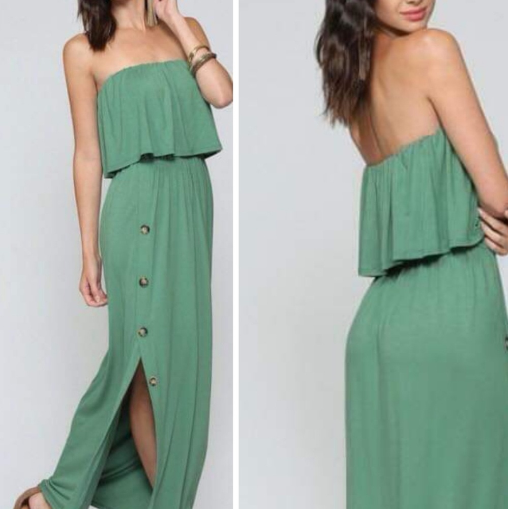 Green strapless maxi dress
